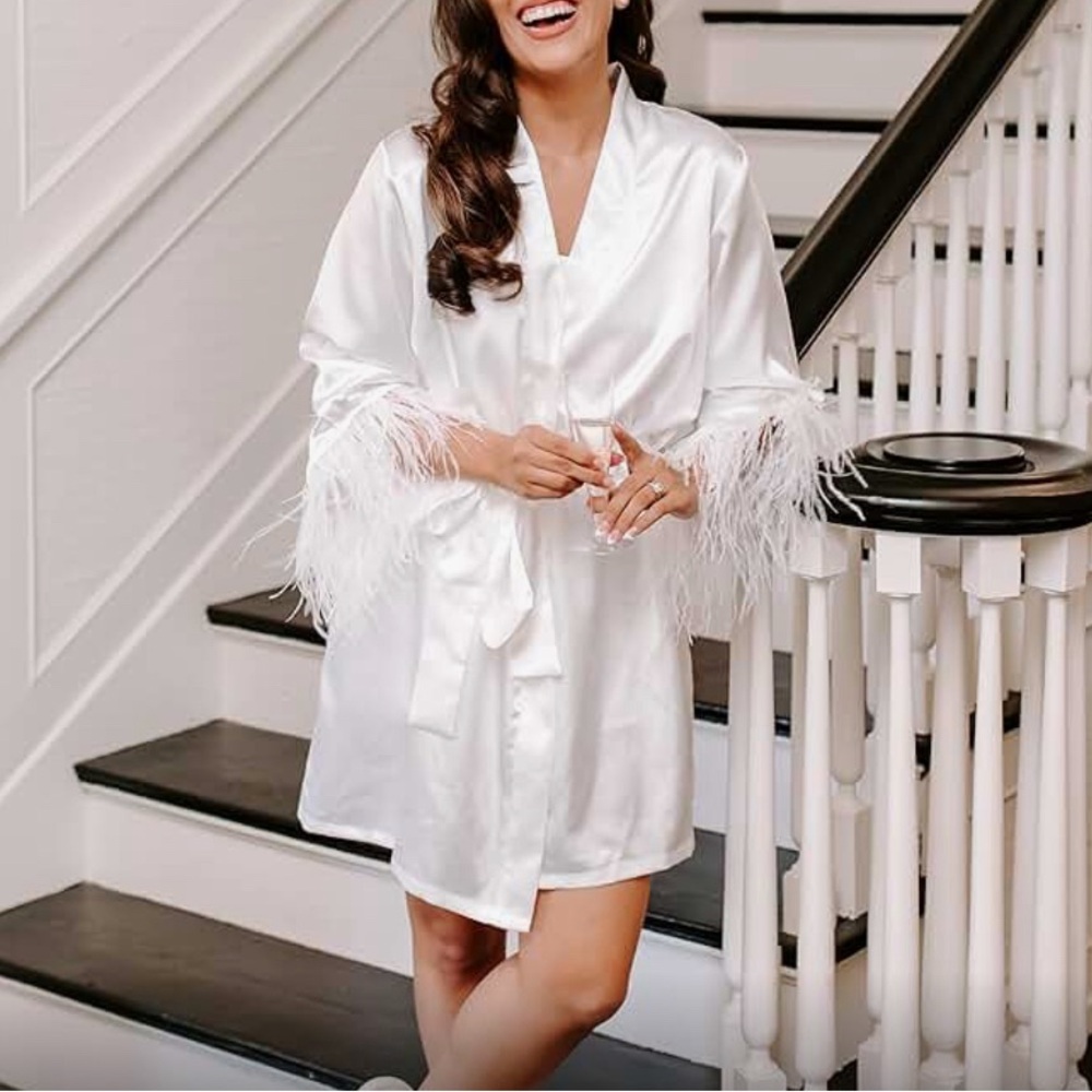 Satin Bridal Robe with Ostrich Feather